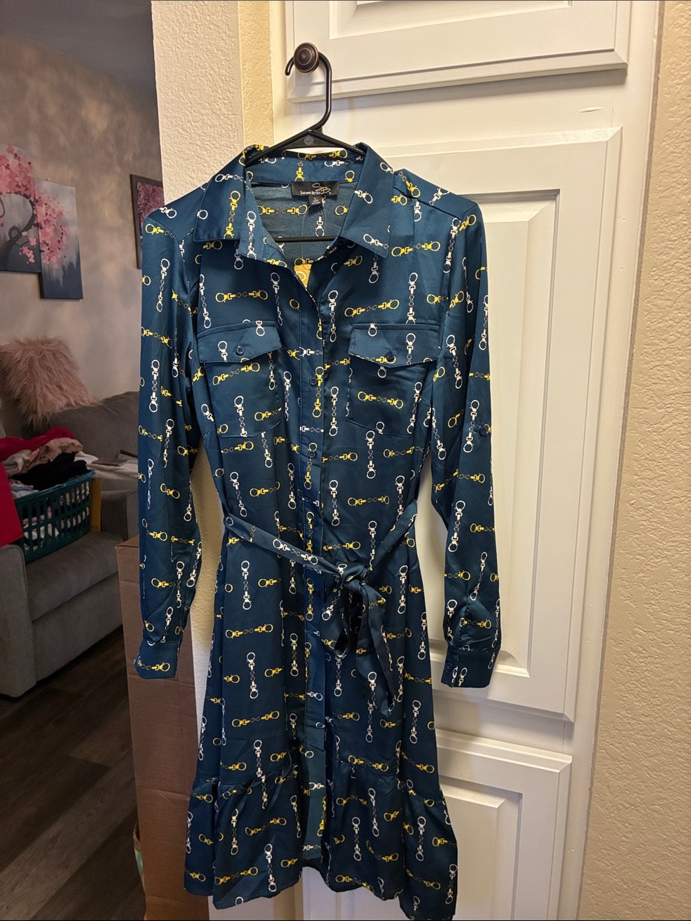 Suzanne Betro dark Teal blue Long-Sleeve chain print Dress with tie waist NWT